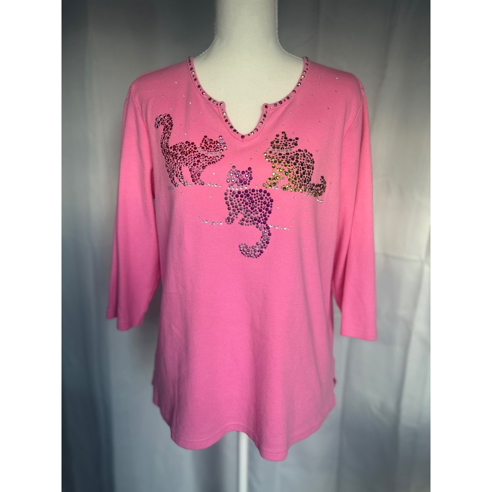 Quacker Factory Pink Rhinestone Cat Top 3/4 Sleeve Cotton. M fun, artsy.